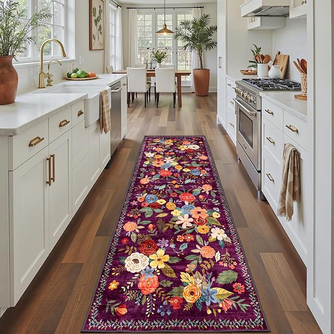 Rug for Hallways Kitchen Rug 2x8, Non Slip Washable Rugs with Rubber Backing Soft Floral Carpet Runner for Hallways, Kitchen, Laundry, Bedroom, Bathroom (2 x 8, Purple Lawn)