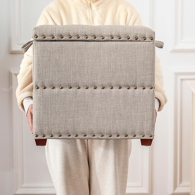 Adeco 18 Inch High Cube Ottoman Storage, Linen Beige Chair Foot Stools with Tray, Upholstered Vanity Stool with Solid Wood Legs