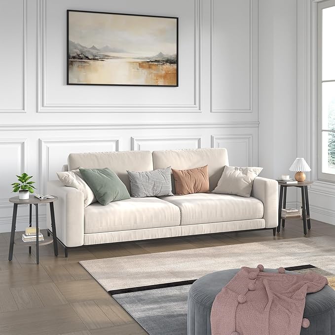 Side Table, Small Round End Table with Storage Shelf for Small Space, 2-Tier Bedside Table Sofa Couch Table, Round Accent Table Nighstands for Living Room, Bedroom, Grey