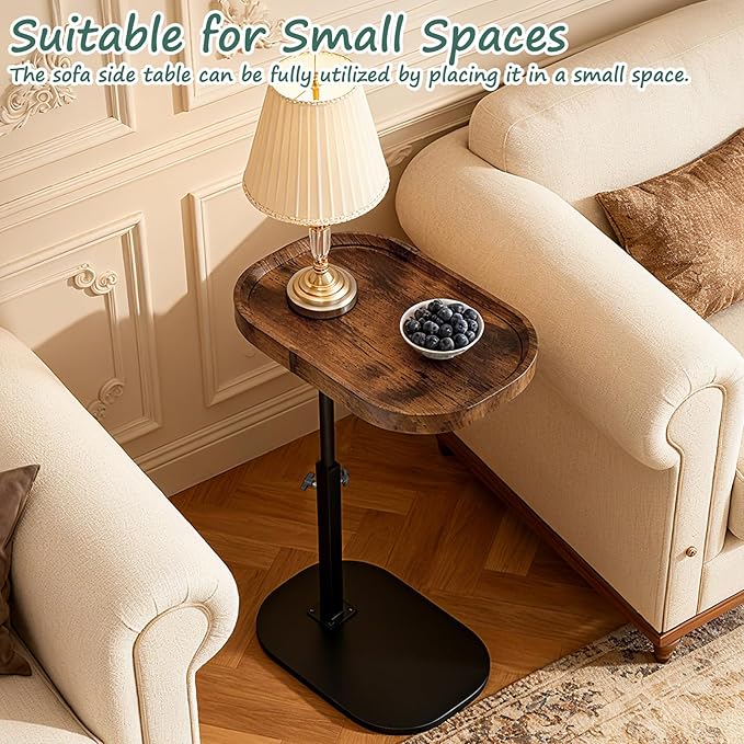 Adjustable C Shaped Side Table, C Table End Tables with Wheels for Sofa, 360° Swivel Sofa Tables for Livingroom,Bedroom,Study and Small Spaces (Vintage Brown)