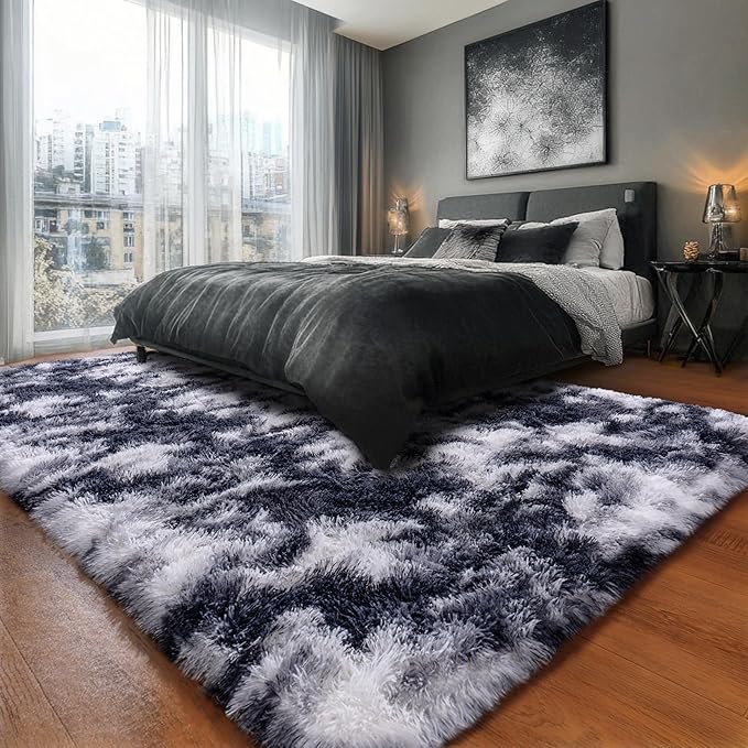 Black and White Rug for Bedroom, 5x7 Area Rug for Kids Room, Bedside Indoor Floor Fluffy Shag Carpet, Plush Soft Rug for Living Room Nursery Dorm Home Decor