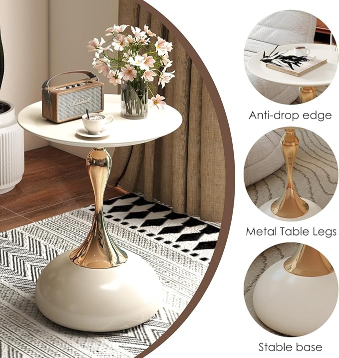 Metal Round End Table,Modern Pedestal Table,Corner Drink Tables,Accent Side Table Nightstand for Living Room,Patio and bar (Cream White)