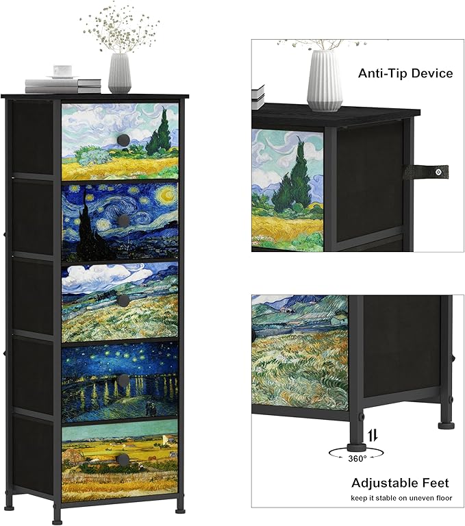 Dresser with 5 Drawers Narrow Tall Nightstand Van Gogh Dresser for Bedroom Fabric Drawer Organizer Unit for Living Room Entryway Hallway Closet Sturdy Steel Frame Wooden Top
