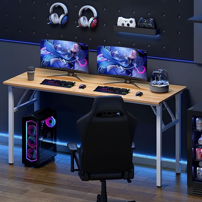 Need Home Office Desk Large Computer Desk 60 inch Sturdy Table Foldable Desk Gaming Computer Table No Assembly Required, Teak&White Frame AC5BW(152.4 * 60)