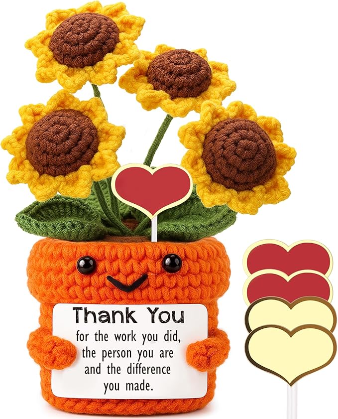 Mini Thank You Gifts for Women Handmade Crochet Sunflower Appreciation Gift for Women, Teacher, Mentor, Nurse, Boss, Leader, Friend, Coworker Retirement Farewell Christmas White Elephant Gift Ideas