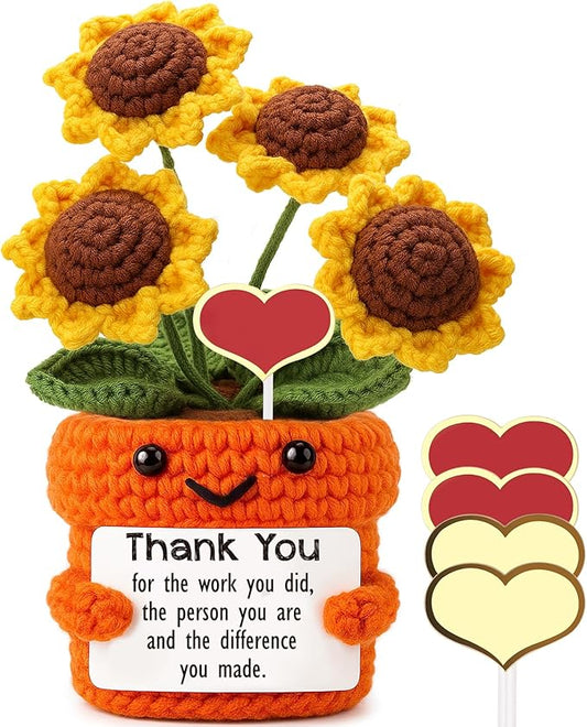Mini Thank You Gifts for Women Handmade Crochet Sunflower Appreciation Gift for Women, Teacher, Mentor, Nurse, Boss, Leader, Friend, Coworker Retirement Farewell Christmas White Elephant Gift Ideas