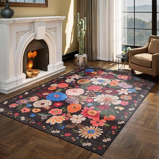 Floral Washable 6x9 Area Rugs, Soft Black Bedroom Rug for Living Room Ultra-Thin Non Slip Dining Room Rug, Stain Resistant Rugs Easy Clean Throw Carpet for Office(6 x 9, Black Garden)