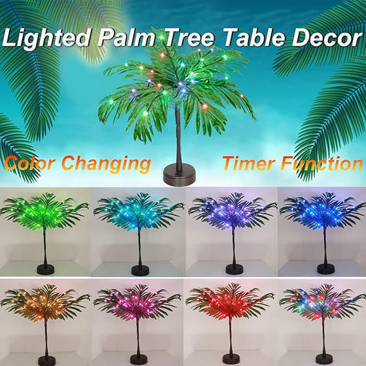 18 Color Changing Lighted Palm Tree Table Decor, 23 in Tropical Artificial Palm Tree Lights Branches Battery USB Powered, LED Table Centerpiece for Luau Summer Hawaiian Party Home
