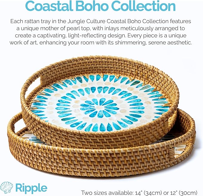 JUNGLE CULTURE Large Rattan Serving Tray 14" with Mother of Pearl Inlay • Coastal Boho Collection • Handcrafted Serving Tray with Handles • Round Woven Table Trays for Home • Wicker Basket – Ripple