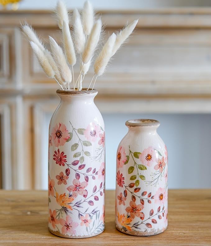Vintage Flora Ceramic Vase Set, Retro Rustic Cute Vase Gift, Art Decorative Vase for Your Home, Kitchen, Bedroom, Office, Living Room, Bathroom, & Shelf Centerpiece Table Decorations