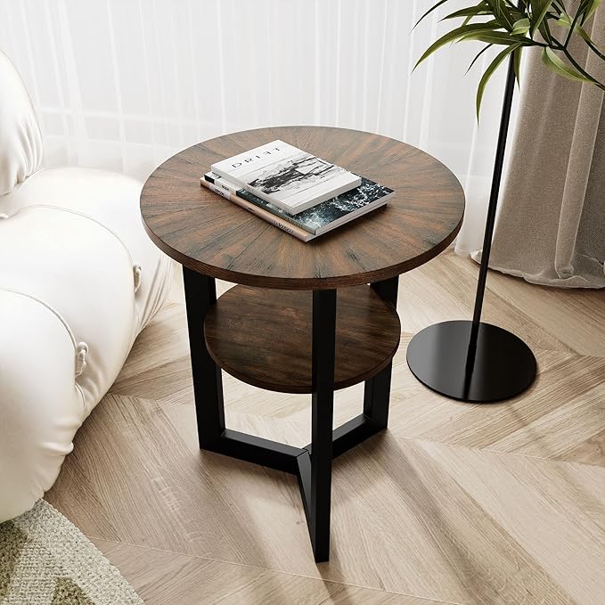 Round End Table with Storage Shelf, 19.29in Circel Accent Side Table with Black Metal Legs, 2-Tier Wood Round Sofa Side Table for Living Room Bedroom, Brushed Brown-BZ