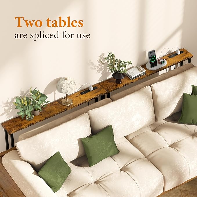 39" Sofa Table Narrow Long with Power Outlets & 2 USB Ports, Metal Frame Behind Couch Table Behind Sofa Perfect for Hallway, Living Room, Entrance Easy Assembly, 4.9' Extension Cord Included