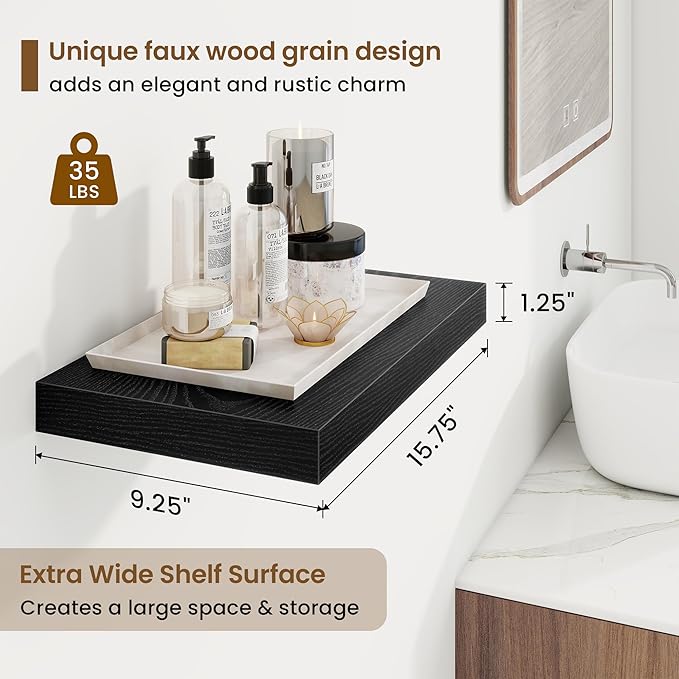 16in Floating Shelves for Wall, 16"W x 9.25"D x 1.25"H, 2 Pack Long Wall Mounted Engineered Wood Shelves with Invisible Brackets for Living Room, Bedroom, Bathroom, Kitchen Decor and Storage, Black