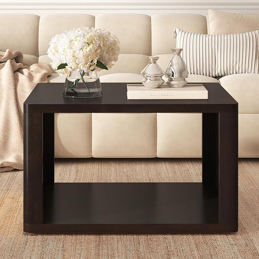 Harper & Bright Designs Square Coffee Table for Living Room in Dark Brown Farmhouse Coffee Table with Storage,2-Tier Center Table with Half Open Storage Compartment in 30.8"