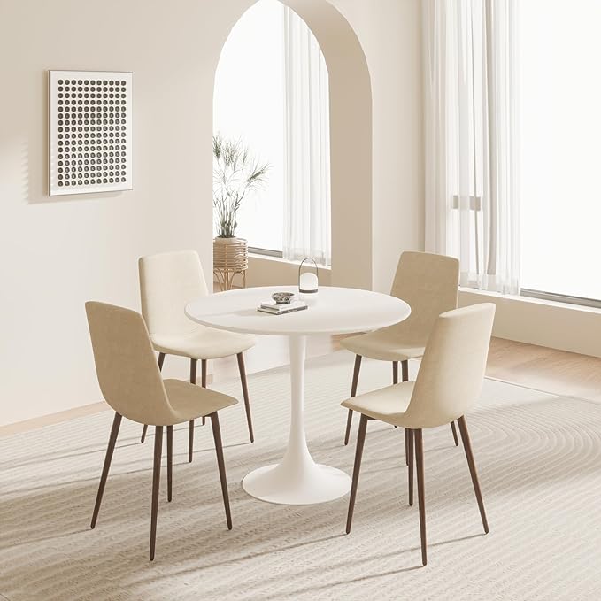 Round Dining Table, Modern Tulip Table, 31.5'' Mid-Century Round Leisure Table with Metal Base for 2-4 Person, Suitable for Living Room, Kitchen, Cafe and Home Office(White)