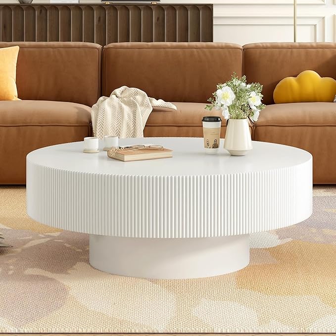 31.5" Round Fluted Coffee Table, Modern Wood Circle Coffee Table, White Fluted Tea Center Table with Thick Tabletop & Sturdy Pedestal for Living Room Apartment- Easy Assembly
