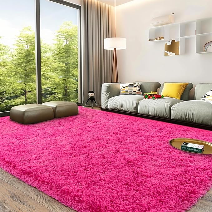 Fluffy Rug for Living Room,Furry Carpet for Teen,Shaggy Carpet for Nursery Room, Hot Pink Fuzzy Plush Rug for Dorm, Rectangle Shag Rug 9x12 Feet