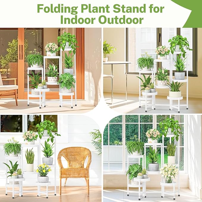 iDavosic.ly 8 Tier Folding Plant Stand Indoor Outdoor with Plastic Tray, Tiered Corner Flower Holder Shelf, Metal Orchid Display Rack for Patio Porch Living Room Garden Balcony, White