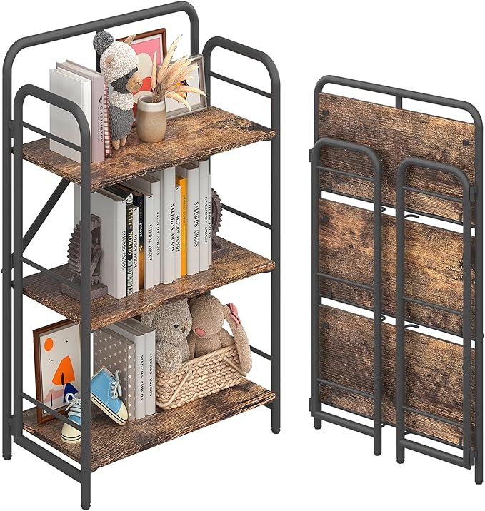 4NM No Assembly Folding Bookshelf, 3 Tiers Collapsible Book Shelves Open Industrial Foldable Storage Bookcase Shelf for Bedroom, Living Room, Home Office - Rustic Brown and Black