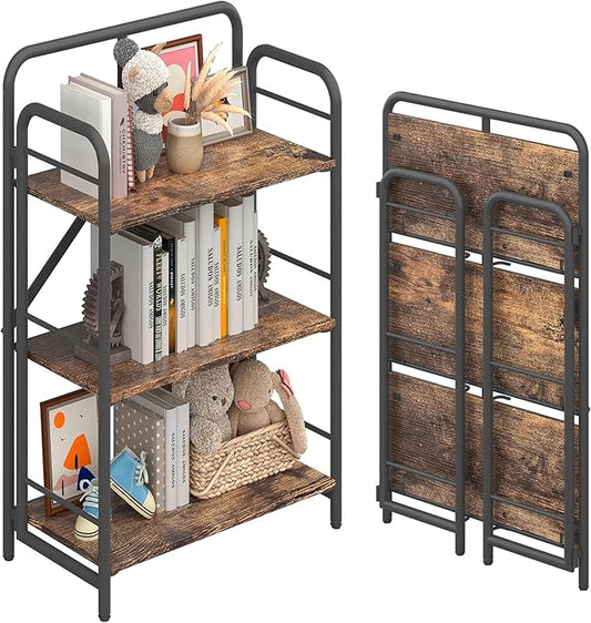 4NM No Assembly Folding Bookshelf, 3 Tiers Collapsible Book Shelves Open Industrial Foldable Storage Bookcase Shelf for Bedroom, Living Room, Home Office - Rustic Brown and Black