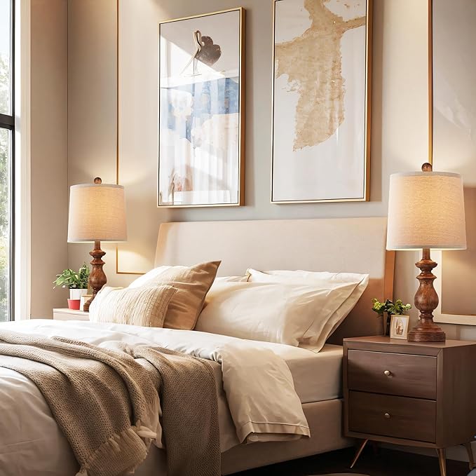 PARTPHONER Traditional Table Lamp Set of 2, Rustic Farmhouse Table Lamps for Living Room Bedroom, 22" Bedside Desk Lamps Vintage Nightstand Lamps with Linen Shades, Wood Grain