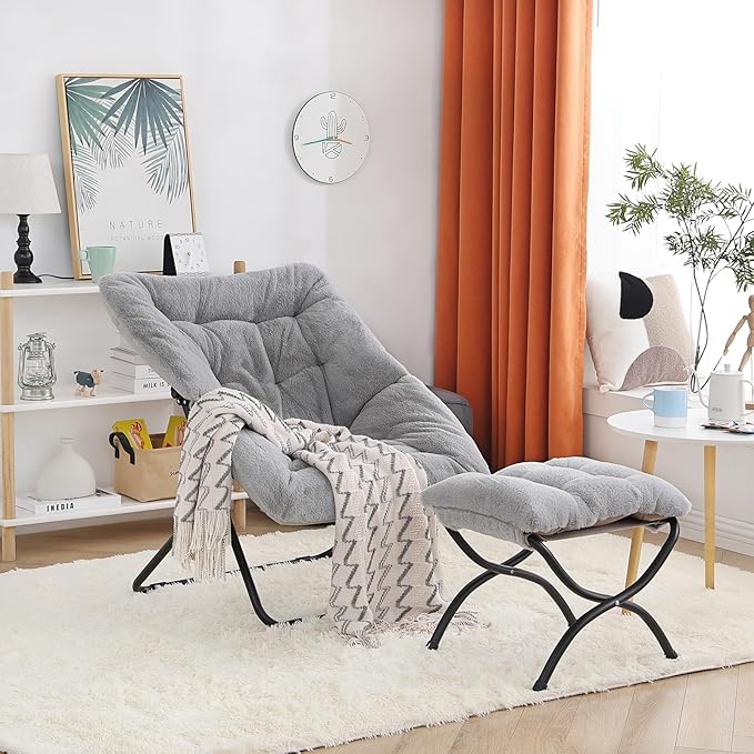 Saucer Chair with Ottoman, Oversized Foldable Faux Fur Chair, X-Large Soft Dorm Chair, Patio, Study, Playroom (Grey)