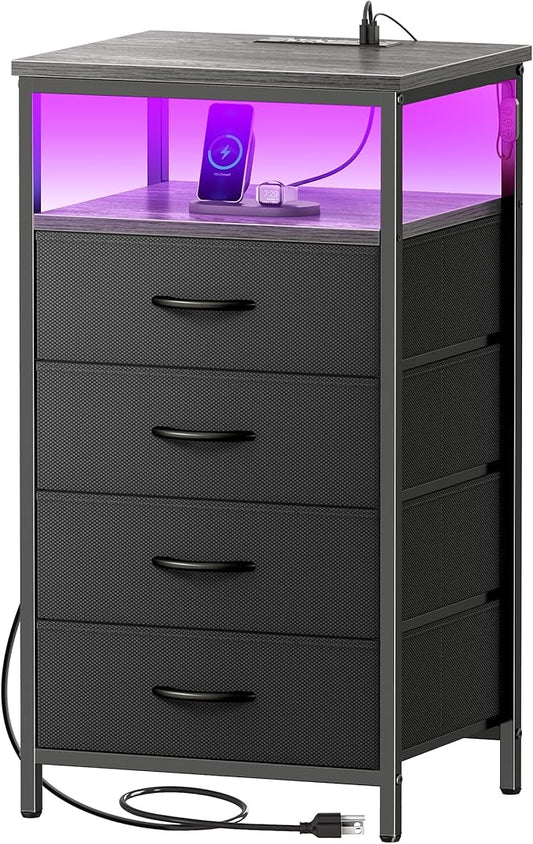 Huuger Night Stand with Charger Station and LED Lights, 4 Drawer Nightstand, Bed Side Table with Open Shelf, End Table, Fabric Dresser for Bedroom, Grey