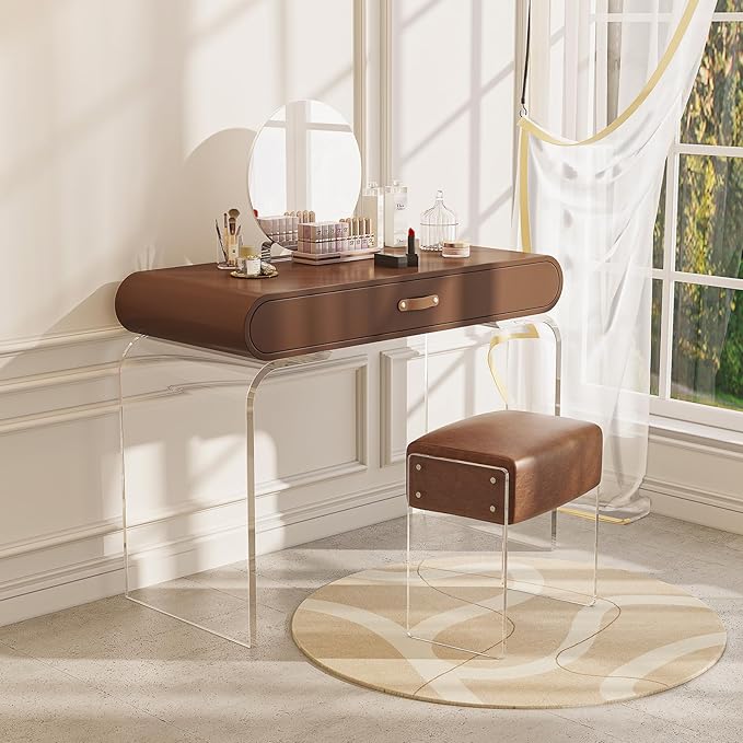 Leather Vanity Stool Chair, Modern Ottoman and Foot Rest with Leather and Acrylic Leg for Makeup Room, Living Room, Bedroom, Brown