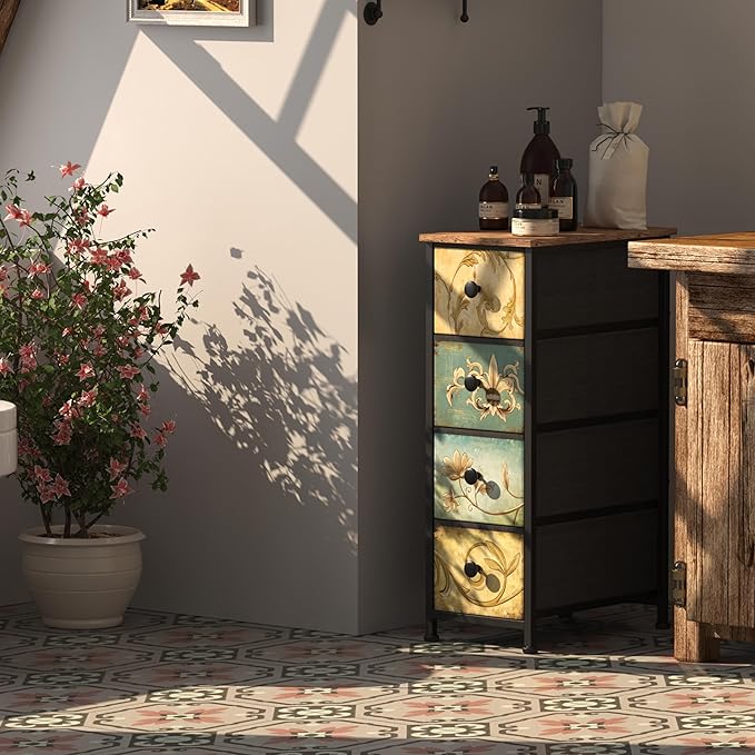 Tohomeor Narrow Storage Dresser Slim Dresser with Retro Flowers Fabric Drawers Vertical Skinny Cabinet for Small Spaces,Bathroom,Bedroom Closet Nightstand,Entryway Organizer (Retro Flower, 4 Drawers)