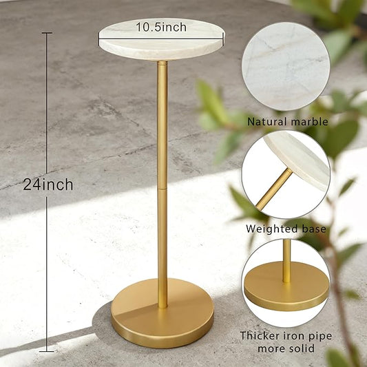 Nature Marble Drink Table, Pedestal Table, Small Round Side Table, Martini Table for Living Room, Bathroom, Small Space (White)