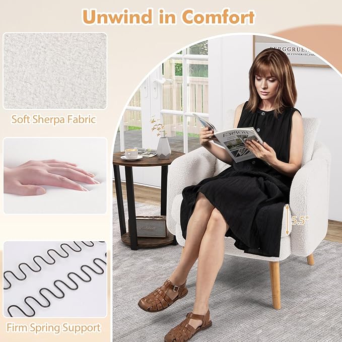 Giantex Sherpa Accent Chair, Modern Upholstered Single Sofa Chair with Back Pillow & Solid Rubber Wood Legs, Teddy Barrel Arm Chair for Reading, Living Room, Bedroom, Office, White