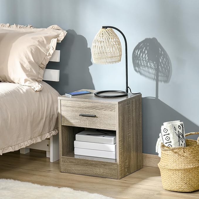 HOMCOM Modern Side Table, Accent Table with Drawer and Storage Shelf, End Table for Living Room, Gray Wood Grain