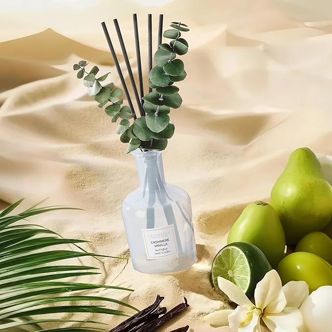 COCORRÍNA Cashmere Vanilla Reed Diffuser – 6.76 oz Essential Oil with Sticks & Dried Eucalyptus Branches, Home Fragrance for Bedroom or Bathroom Décor