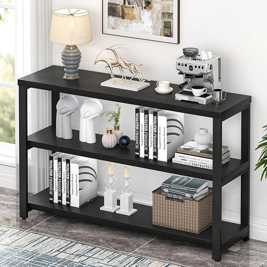 EXCEFUR Industrial Entryway Table, 3 Tier Console Table for Living Room, Wood Sofa Table for Hallway Behind Couch (47 Inch, Modern Black)