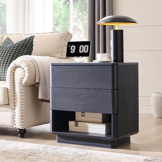 ACCOHOHO Nightstand with Charging Station, 22" Push-to-Open Bedside Table with 2 Storage Drawers, Large Modern End Table for Bedroom,Black