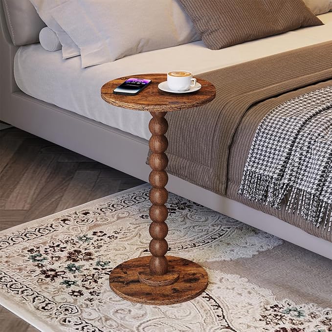 Round Side Table, Small Drink Table for Small Spaces, Pedestal End Table for Living Room, Modern Accent Nightstand with Solid Wood Leg for Bedroom, Corners and Office Brown Color UTBT005F
