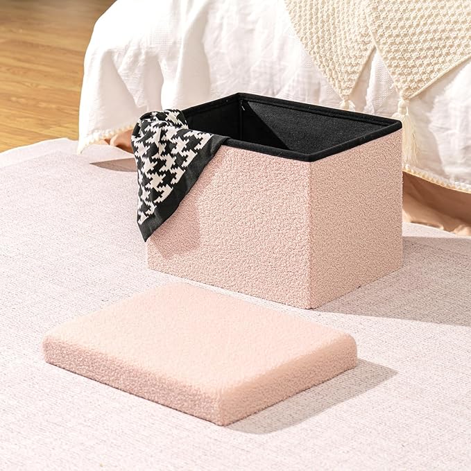 B FSOBEIIALEO Storage Ottoman Cube Small Sherpa Ottoman Foot Rest, Foldable Portable Boucle Ottomans, Faux Teddy Fur, Pink 16.5"x12.6"x12.6"