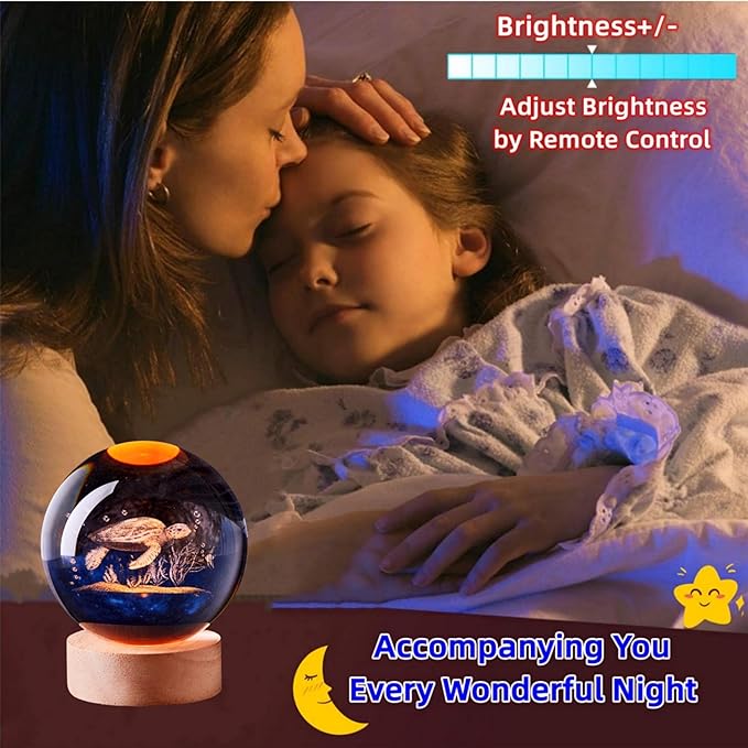 Crystal Ball Lamp with LED Wooden Base, 16 Colors Change & Remote Control Crystal Ball Night Light, Upgraded 3.15 Inch Glass Light, Gift for Kids Wife Girlfriend (sea Turtle)