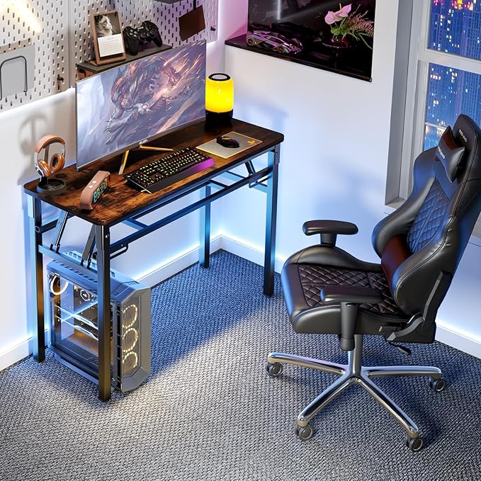 BYMECOST 31.5" Folding Desk, No Assembly Computer Desk, Small Foldable Table with Storage Shelf, Study Table for Small Space, Writing Desk Compact Desk for Home Office (Brown, 31.5")