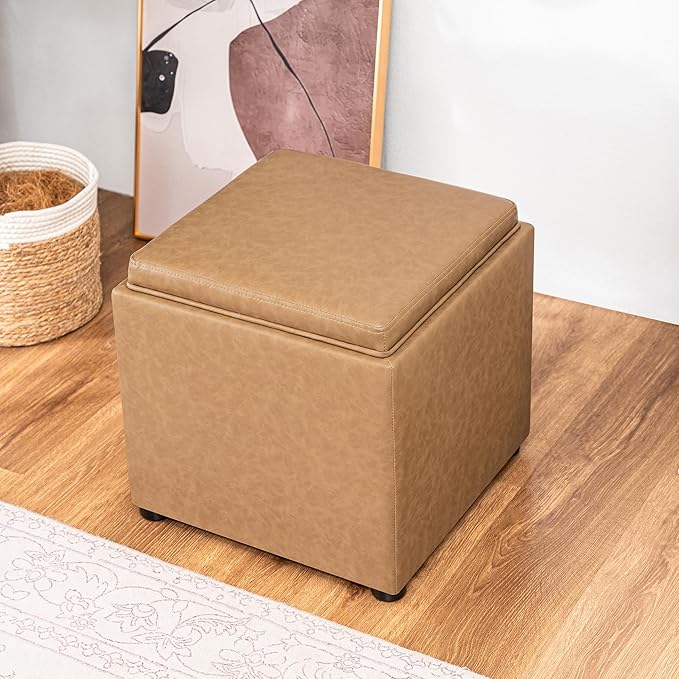 Adeco 18" Light Yellow Square Storage Ottoman with Tray, Retro Cube Ottoman Coffee Table for Dorm, Bedroom