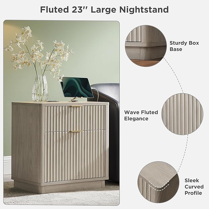 T4TREAM 23'' Fluted Nightstand with Charging Station, Large 2 Drawer Side Table, Modern End Table with Storage, Mid Century Bedside Table for Bedroom, Living Room, Curved Profile, White Alder