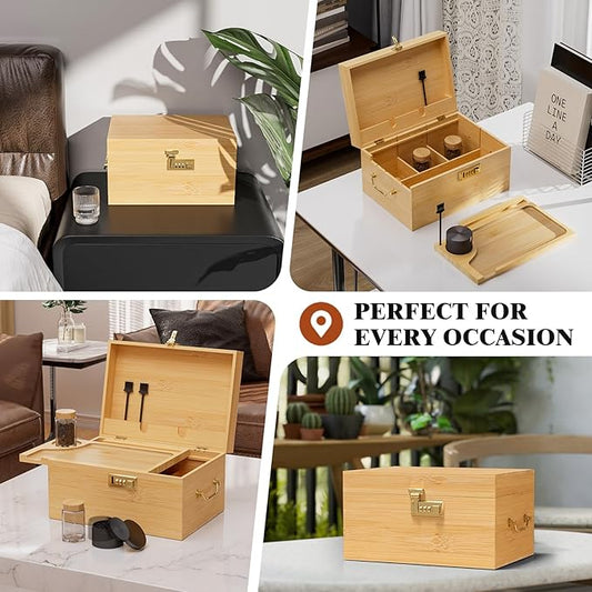 Lockable stash box with rolling tray – Premium bamboo box organizer with grinder, jars & brushes | Stylish wooden stash boxs, spacious Storage Box, great large stash box for home,Holiday Gift