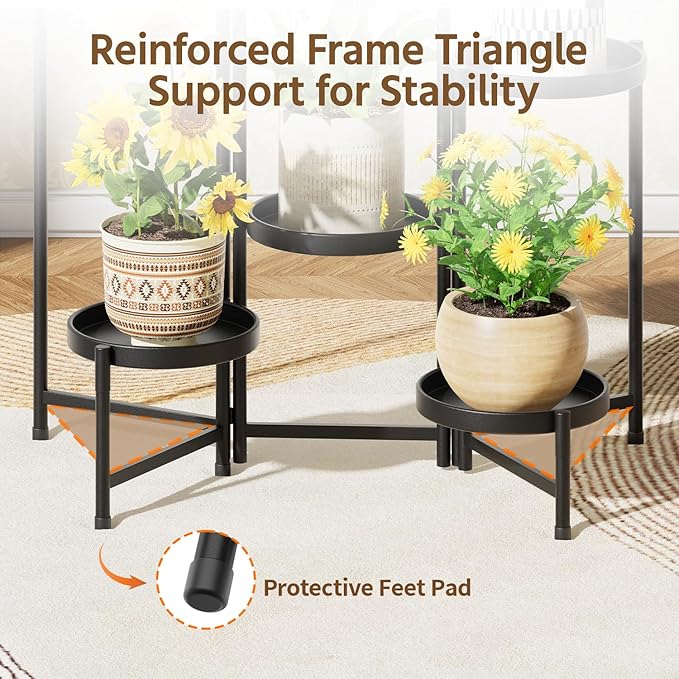 LASZOLA 6 Tiered Folding Plant Stand Indoor for Multiple Large Planter, Tall Heavy Duty Adjustable Rack with Rust Proof 10 Inch Wide Tray, Sturdy Vertical Tree Organizer for Narrow Inside Floor, Black