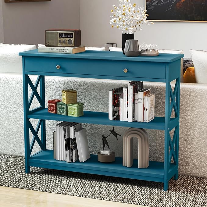 GOFLAME 39" Console Sofa Table with Drawers, 3-Tier Narrow Entry Table with Storage Shelves for Living Room Behind Couch, Entryway (Navy Blue)