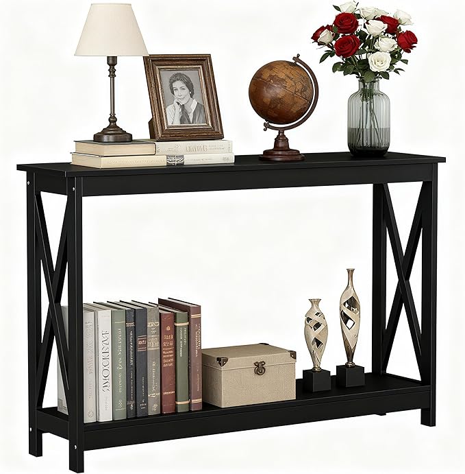 ZenStyle Sofa Side Console Table with 2 Storage Shelves Narrow Accent Table for Entryway/Hallway/Living Room, 46.9in L x 11.8in W x 31.7in H, Black