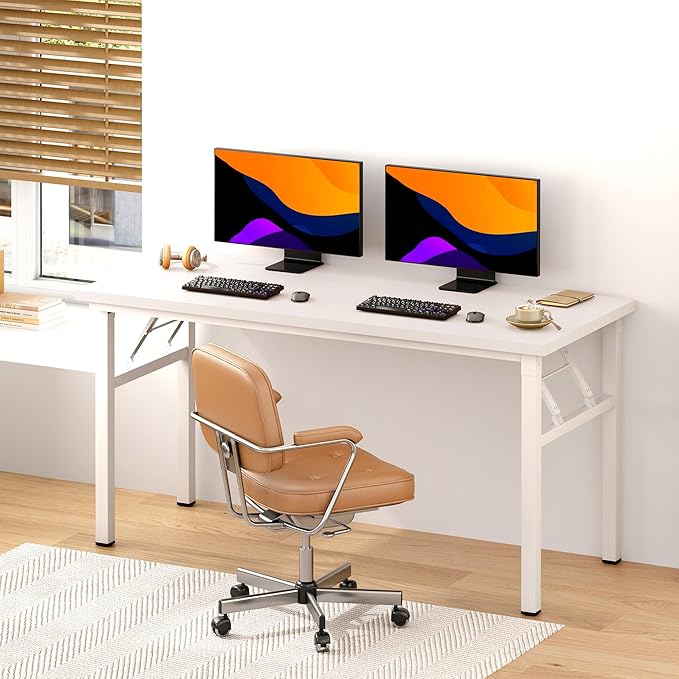 DlandHome Large Computer Desk, Folding Desk, Decent and Steady Home Office Desk/Workstation/Table 54.3inch White White