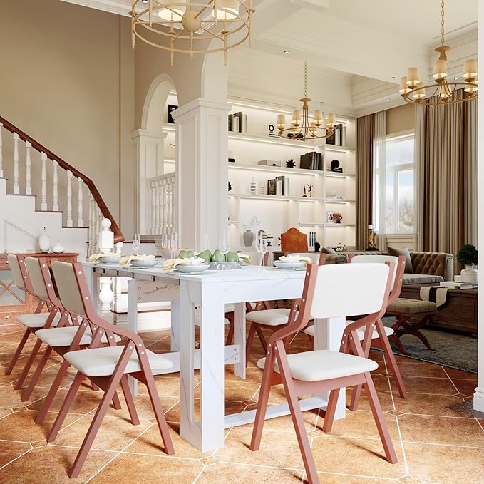 Extendable Dining Table for 2-8 People, 19–78 Inch White Marble High Gloss, Expandable Rectangular Table with Rounded Corners, Space-Saving Console Table with Hidden Leaf Storage