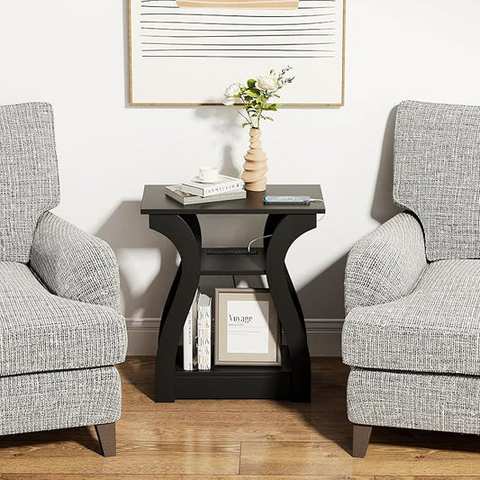 End Table with Charging Station, Side Table with USB Ports and Outlets, 3 Tier Nightstand Sofa Table for Small Spaces, Beside Table with Storage Shelf for Living Room, Bedroom