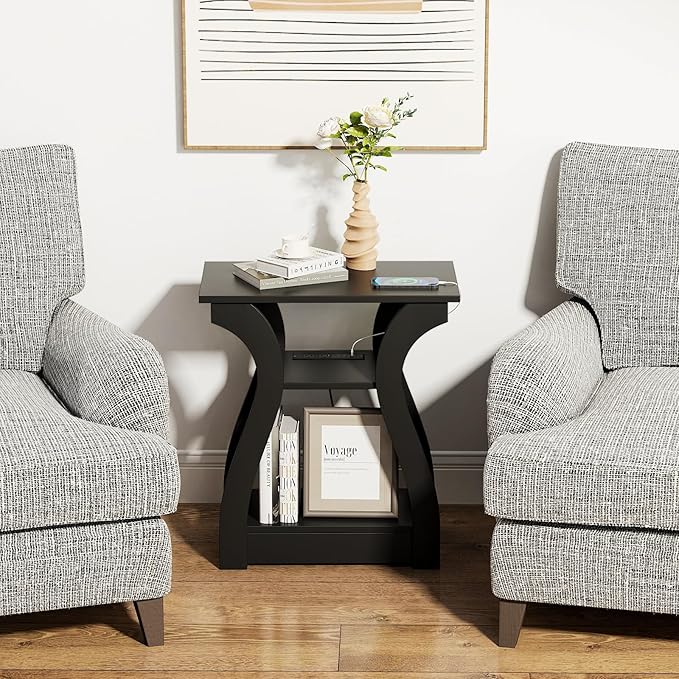 End Table with Charging Station, Side Table with USB Ports and Outlets, 3 Tier Nightstand Sofa Table for Small Spaces, Beside Table with Storage Shelf for Living Room, Bedroom