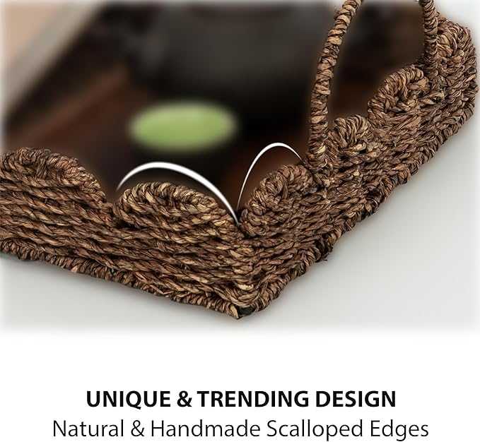 14" Handmade Wicker Tray with Scalloped Edge, Seagrass Basket with Handles, Decorative Boho Accent for Coffee Table or Ottoman, Holiday Serving